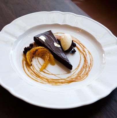 Chocolate Almond Torte with Spiced Caramel, Ginger Ice Cream and Chocolate Meringue