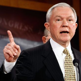 WASHINGTON - MARCH 24: Sen. Jeff Sessions (R-AL) speaks during a press conference on President Obama's proposed budget at the U.S. Capitol March 24, 2009 in Washington, DC. Republicans contend that the budget with double the size of the national debt by 2016. (Photo by Win McNamee/Getty Images)