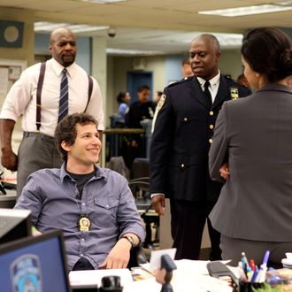 BROOKLYN NINE-NINE: Jake (Andy Samberg, second from L) mocks the new Captain (Andre Braugher, C) in the new comedy BROOKLYN NINE-NINE premiering this fall on FOX. Also pictured L-R: Terry Crews and Melissa Fumero. ?2013 Fox Broadcasting Co. Cr: Eddy Chen/FOX