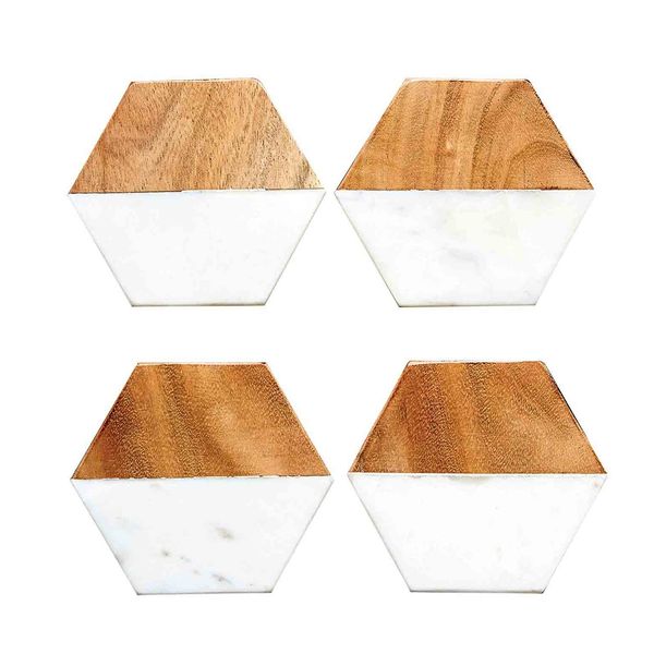 Creative Co-Op Hexagon Marble & Wood Coaster Set