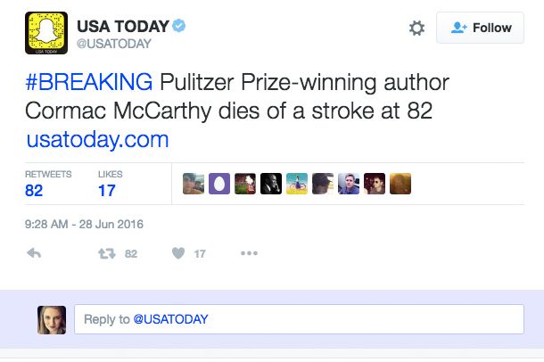 No Tweets for Old Men: Yet Another Cormac McCarthy Twitter Hoax Is Upon Us  – Texas Monthly