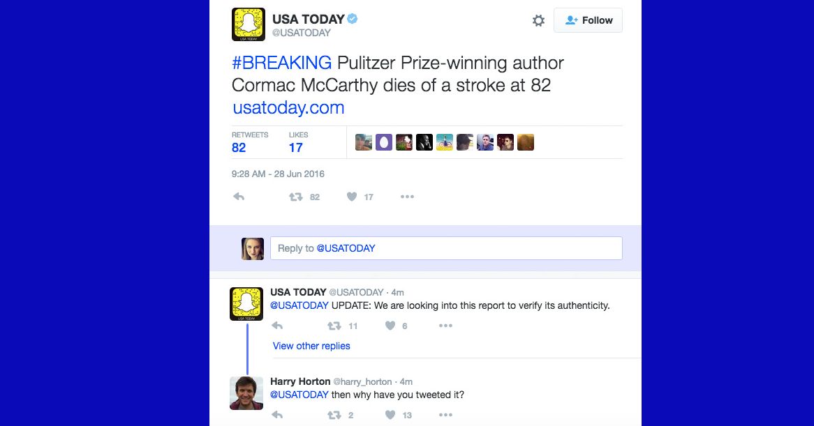 Cormac McCarthy has died of a stroke at the age of 82