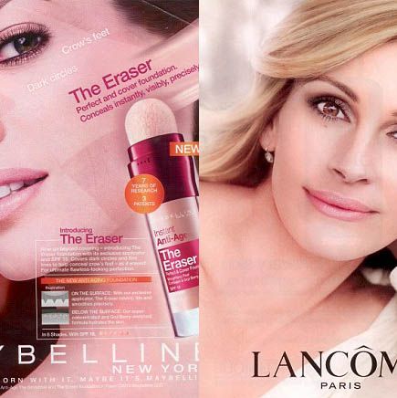 From left: Christy Turlington for Maybelline and Julia Roberts for Lancome.
