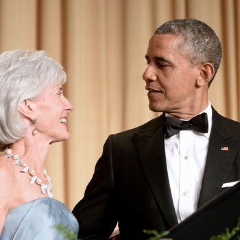 US President Barack Obama and outgoing Health and Human Services Sec. Kathleen Sebelius attend the annual White House Correspondent's Association Gala at the Washington Hilton hotel May 3, 2014 in Washington, D.C.
