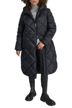 DKNY Missy Diamond Quilted Longline Puffer Coat