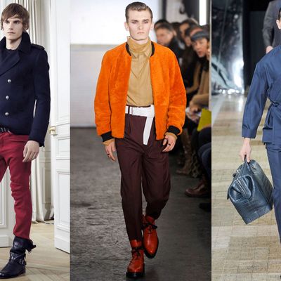 From left: new menswear looks from Balmain, Phillip Lim, and Louis Vuitton.