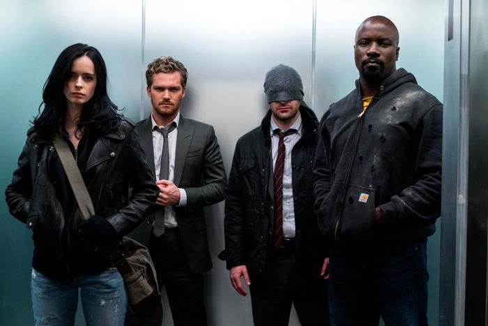 Krysten Ritter, Finn Jones, Charlie Cox, and Mike Colter in Marvel's The Defenders.