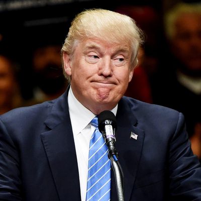 Presumptive Republican presidential candidate Donald Trump speaks at a campaign rally, May 25, 2016 in Anaheim, California. 