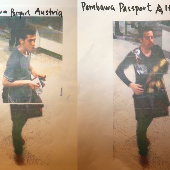 This composite of images #477770287 & #477770285 shows cctv imagery released by police of an Iranian suspect, Pouria Nour Mohammad Mehrdad, who was travelling on Flight MH370 with a stolen Austrian passport, (L) and an unindentified suspect who was travelling on Flight MH370 with a stolen Italian passport (R), on March 11, 2014 in Kuala Lumpur, Malaysia. Officials have expanded the search area for missing Malaysia Airlines flight MH370 to include more of the Gulf of Thailand between Malayisa and Vietnam and land along the Malay Pensinusula. The flight carrying 239 passengers from Kuala Lumpur to Thailand was reported missing on the morning of March 8 after the crew failed to check in as scheduled. Relatives of the missing passengers have been advised to prepare for the worst as authorities focus on two passengers on board travelling with stolen passports. (Photo by How Foo Yeen/Getty Images)