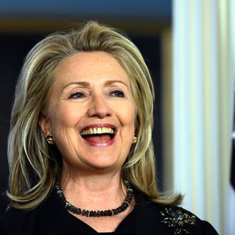 US Secretary of State Hillary Clinton smiles during a joint press conference with Australian Foreign Minister arr following their meeting at the State Department in Washington, DC, on April 24, 2012.