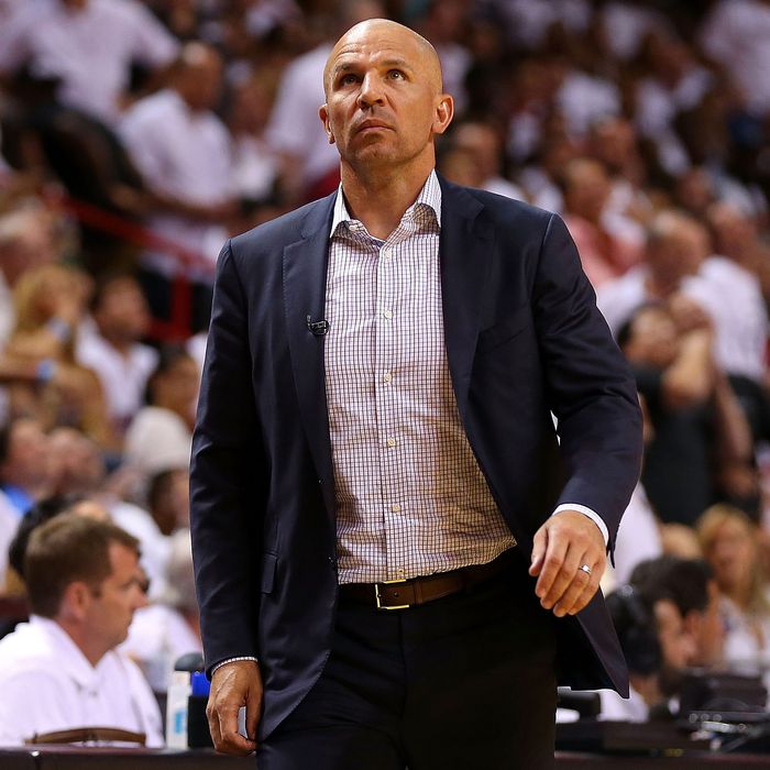 Jason Kidd of the Brooklyn Nets look on during Game Five of the Eastern Conference Semifinals of the 2014 NBA Playoffs against the Miami Heat at American Airlines Arena on May 14, 2014 in Miami, Florida. 