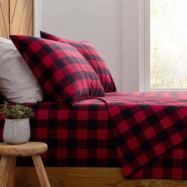 Stone & Beam Rustic Buffalo Check Flannel Bed Sheet Set, Queen, Red and Black