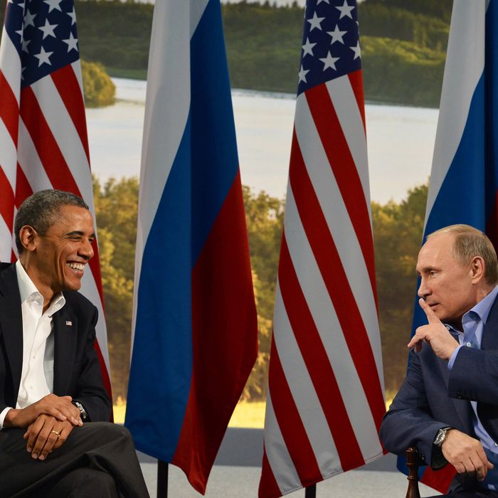 US President Barack Obama (L) holds a bilateral meeting with Russian President Vladimir Putin during the G8 summit at the Lough Erne resort near Enniskillen in Northern Ireland, on June 17, 2013. The conflict in Syria was set to dominate the G8 summit starting in Northern Ireland on Monday, with Western leaders upping pressure on Russia to back away from its support for President Bashar al-Assad. 