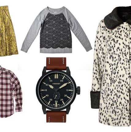 Clockwise from left: Swirls Pleated Skirt by Tibi, Lace Sweatshirt by LOFT, Contrast Dalmation Swing Coat by Topshop, TSOVET Watch, and Plaid Herringbone Button-Down by Odin New York.
