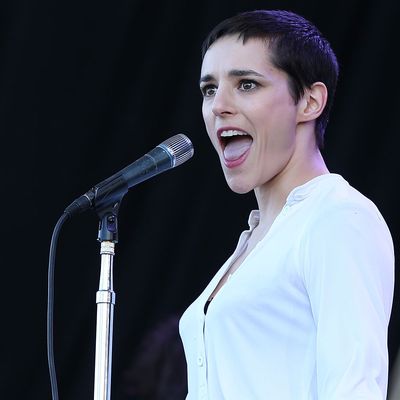 AUCKLAND, NEW ZEALAND - JANUARY 27: Lead singer Jehnny Beth of London based band Savages performs live on stage during the Laneway Festival on January 27, 2014 in Auckland, New Zealand. (Photo by Fiona Goodall/Getty Images)