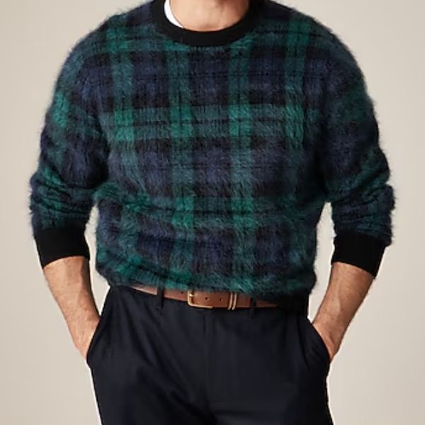 J.Crew Brushed Cashmere Sweater in Black Watch Tartan