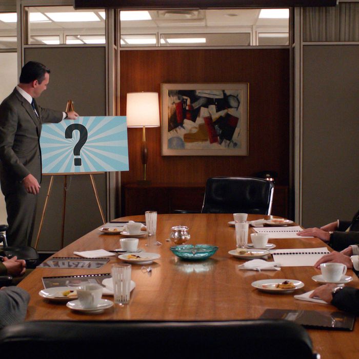 Roger Sterling (John Slattery), Ted Chaough (Kevin Rahm), Don Draper (Jon Hamm), representatives from Hershey and Jim Cutler (Harry Hamlin) - Mad Men _ Season 6, Episode 13 _ 'In Care of' - Photo Credit: Courtesy of AMC