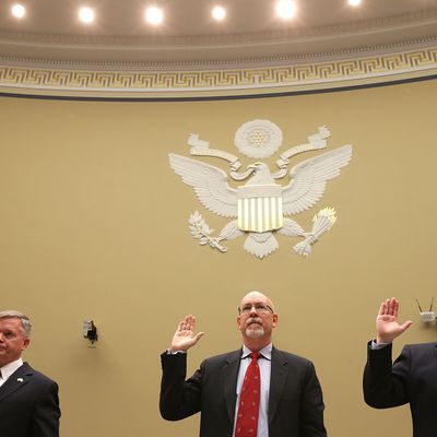 Acting Deputy Assistant Secretary of State for Counterterrorism Mark Thompson; State Department foreign service officer and former deputy chief of mission/charge d'affairs in Libya, Gregory Hicks; and State Department diplomatic security officer and former regional security officer in Libya, Eric Nordstrom, are sworn in before the House Oversight and Government Reform Committee during a hearing titled, 