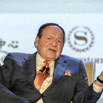 Las Vegas casino boss Sheldon Adelson gestures during press conference in Macau on September 20, 2012. Adelson unveiled plans to build a scaled down replica of the Eiffel Tower as part of a new 3 billion USD gambling resort in Macau.
