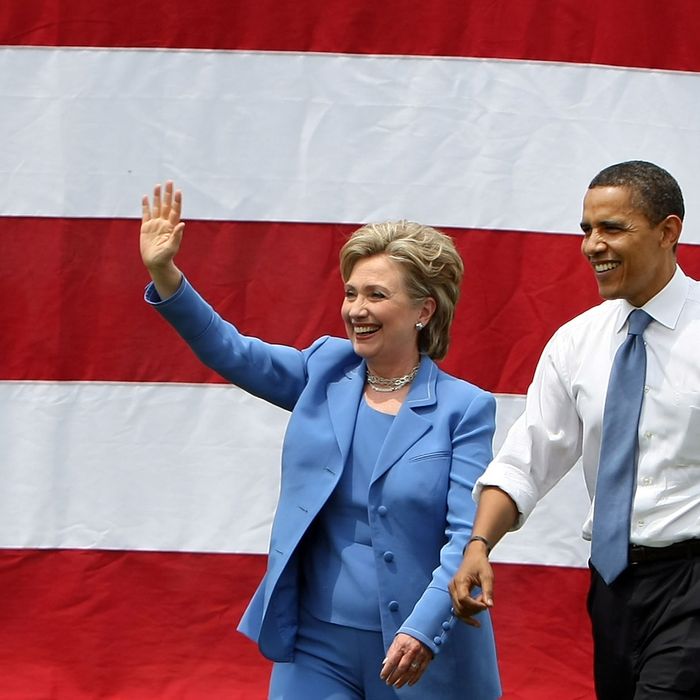 Democratic presidential candidate Sen. Barack Obama (D-IL) and Sen. Hillary Rodham Clinton (D-NY) wave to the crowd June 27, 2008 in Unity, New Hampshire. Obama and Clinton appeared together in a show of unity for Obama's presidential campaign. 