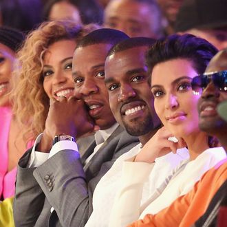 (L-R) Singer Beyonce, rappers Jay-Z and Kanye West and television personality Kim Kardashian attend the 2012 BET Awards at The Shrine Auditorium on July 1, 2012 in Los Angeles, California.