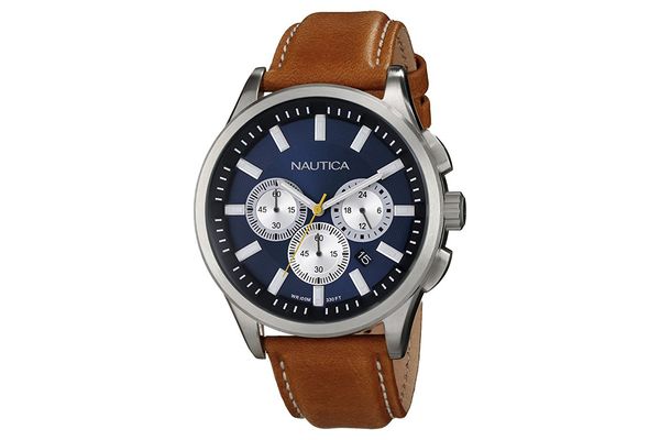 Nautica Men’s N16695G NCT 17 Brushed Stainless Steel Watch With Brown Band