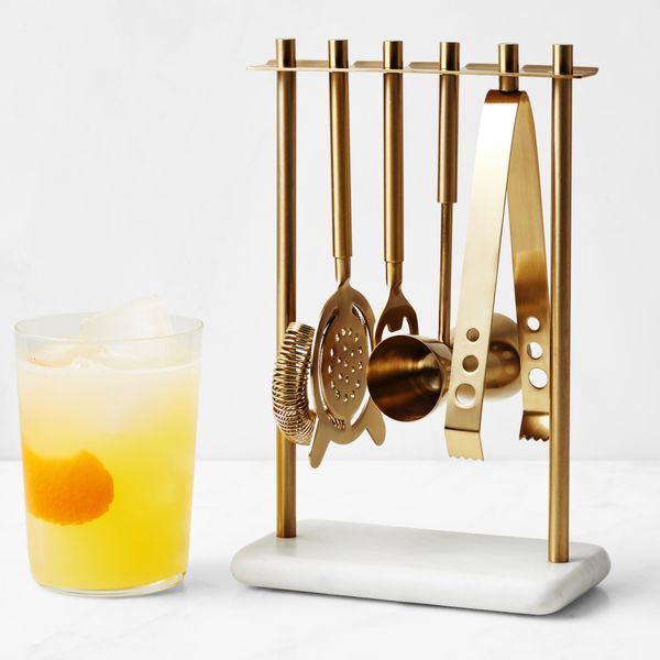 Williams Sonoma White Marble & Brass Hanging Bar Tools Set