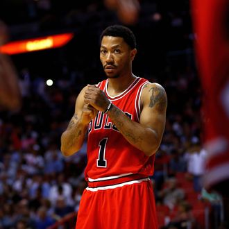 Derrick Rose #1 of the Chicago Bulls looks on during a game against the Miami Heat at American Airlines Arena on April 7, 2016 in Miami, Florida. 