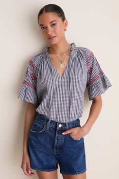 TNuck Beach Navy Prism Embroidered Gingham Cassis Top