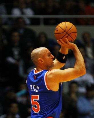 Jason Kidd #5 of the New York Knicks shoots against the Brooklyn Nets.
