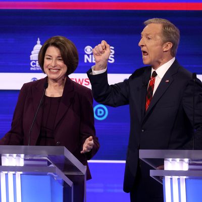 From left to right: Joe Biden, Amy Klobuchar, and Tom Steyer at the February primary debate in Charleston, South Carolina.