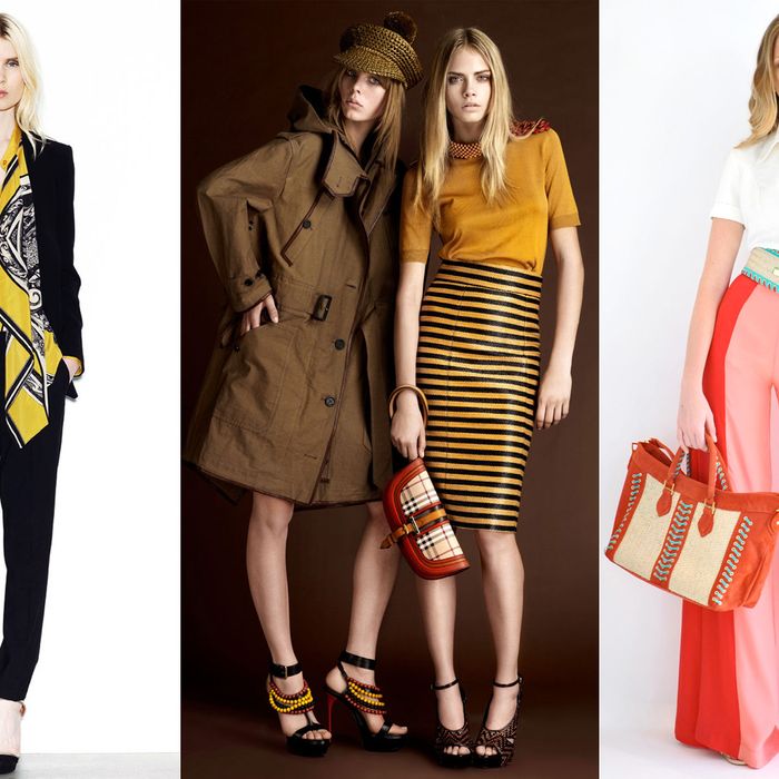 From left: new resort looks from DKNY, Burberry Prorsum, and Carlos Miele.
