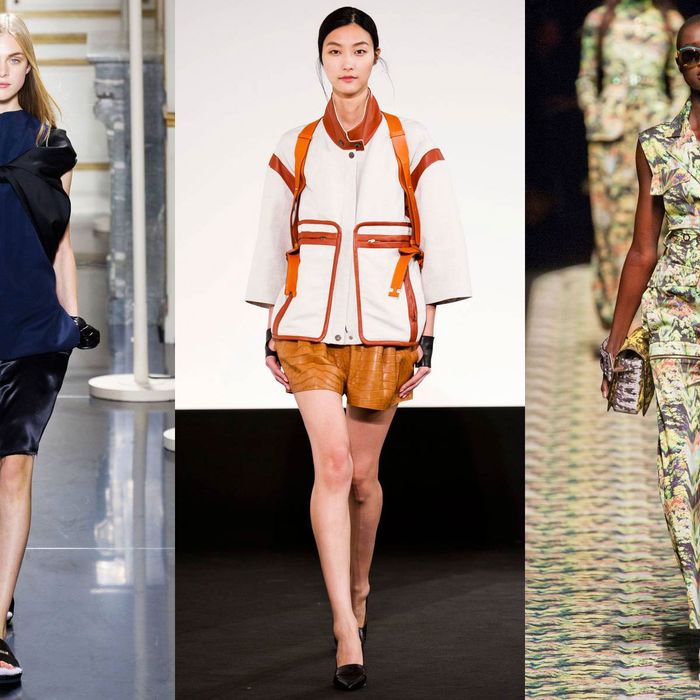 From left: Spring looks from Celine, Hermes, and Kenzo.