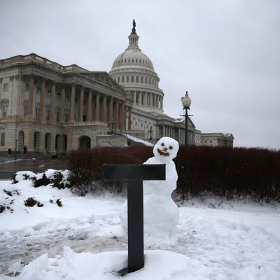 A snowman sits where Congressman sometimes hold their news conferences on the House side of the U.S. Capitol, on February 13, 2014 in Washington, DC. 