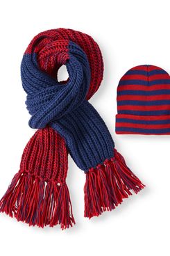 Scoop Knitted Stripe Beanie and Fringe Scarf Gift Set