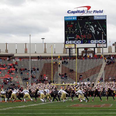 The Georgia Tech Yellow Jackets offense runs a play against the Maryland Terrapins defense during the second half at Byrd Stadium on November 3, 2012 in College Park, Maryland. 