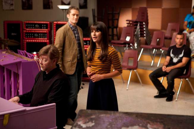 GLEE: Rachel (Lea Michele) performs in the choir room for Mr. Schuester (Matthew Morrison) in &quot;The Purple Piano Project&quot;, the Season Three premiere episode of GLEE airing Tuesday, Sept. 20 (8:00-9:00 PM ET/PT) on FOX. &#xa9;2011 Fox Broadcasting Co. Cr: Adam Rose/FOX