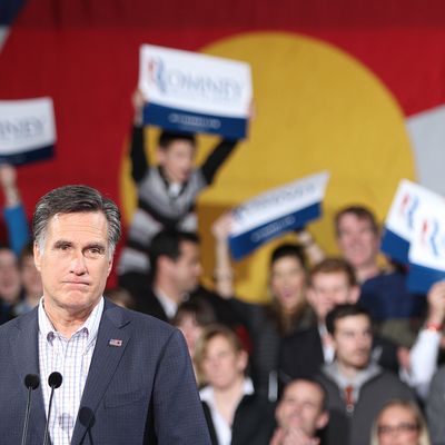 DENVER, CO - FEBRUARY 7: Republican presidential candidate, former Massachusetts Gov. Mitt Romney speaks to supporters at a rally in the Tivoli Student Union on the Auraria Campus on February 7, 2012 in Denver, Colorado. According to early results, Santorum defeated former Massachusetts Gov. Mitt Romney, former Speaker of the House Newt Gingrich and U.S. Rep. Ron Paul (R-TX) in Missouri, Minnesota and is in a tight race with Romney in Colorado. (Photo by Marc Piscotty/Getty Images)