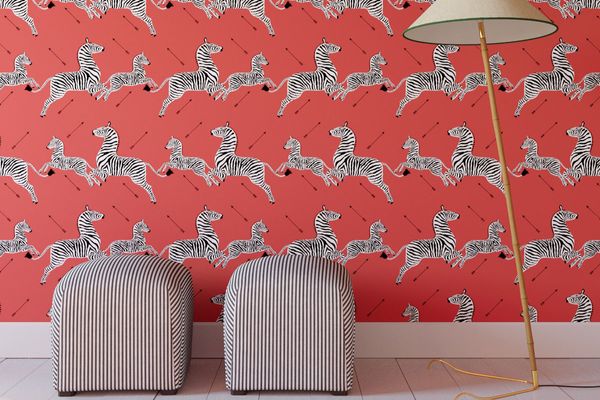 The Inside Peel and Stick Wallpaper Roll, Coral Zebra By Scalamandré