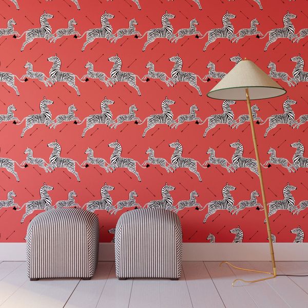 The Inside Peel and Stick Wallpaper Roll, Coral Zebra By Scalamandré