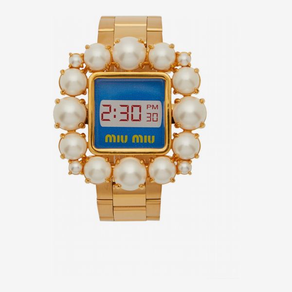 Miu Miu Faux Pearl-Embellished Watch Bracelet - strategist best miu miu gold digital watch with pearl embellishment 