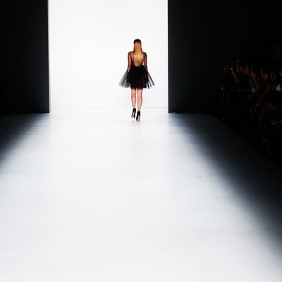 A model walks the runway at the Irene Luft show during the 2015 Mercedes-Benz Fashion Week in Berlin.