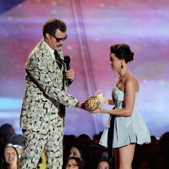 CULVER CITY, CA - APRIL 14: Actor Will Ferrell (L) and actress Aubrey Plaza speak onstage during the 2013 MTV Movie Awards at Sony Pictures Studios on April 14, 2013 in Culver City, California. (Photo by Jeff Kravitz/FilmMagic)