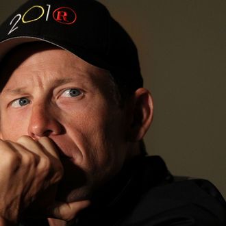 SACRAMENTO, CA - MAY 14: Lance Armstrong of Team Radio Shack addresses the media during a press conference prior to the 2010 Tour of California at the Sacramento Convention Center on May 14, 2010 in Sacramento, California. (Photo by Doug Pensinger/Getty Images) *** Local Caption *** Lance Armstrong