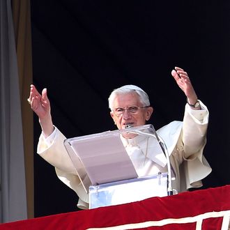 Pope Benedict XVI delivers his Angelus Blessing from the window of his private studio overlooking St. Peter's Square on February 17, 2013 in Vatican City, Vatican. The Pontiff will hold his last weekly public audience on February 27 at St Peter's Square after announcing his resignation last week.