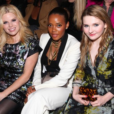 From left: Megan Hilty, Angela Simmons, and Abigail Breslin at the Cynthia Rowley Fall 2012 show