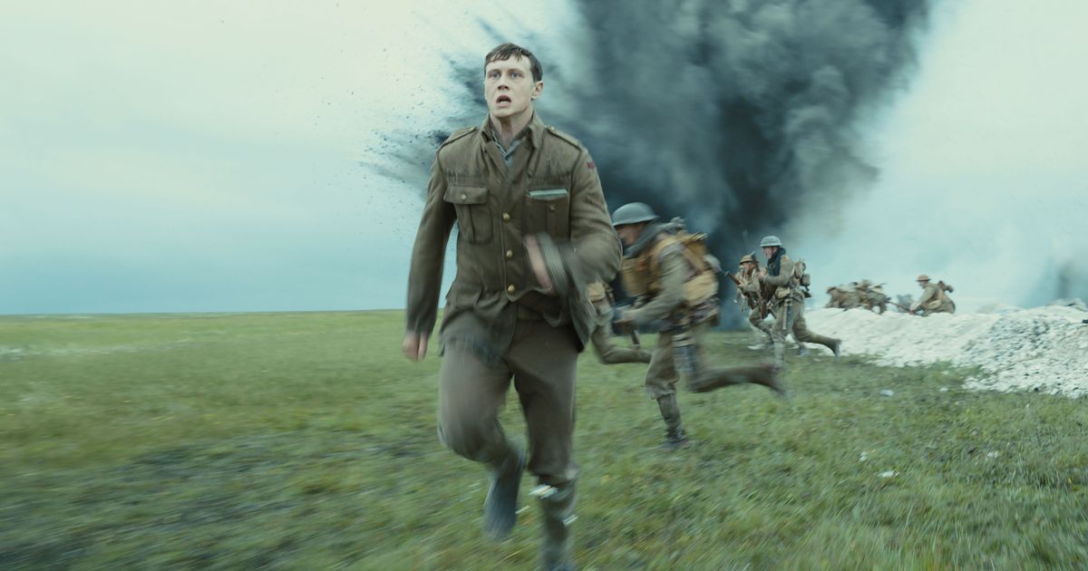 A screenshot of the film "1917" that depicts soldiers fleeing.