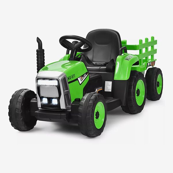 Tractor para niños Costway de 12 V con cargador de tierra para remolque