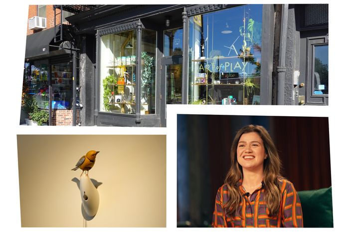 Curbed photo illustration combining the Art of Play storefront, a mechanical bird and Kelly Clarkson