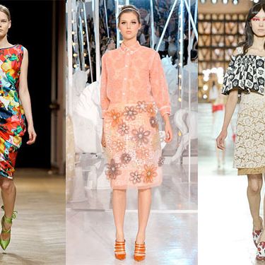 From left: new spring looks from Talbot Runhof, Louis Vuitton, and Miu Miu.